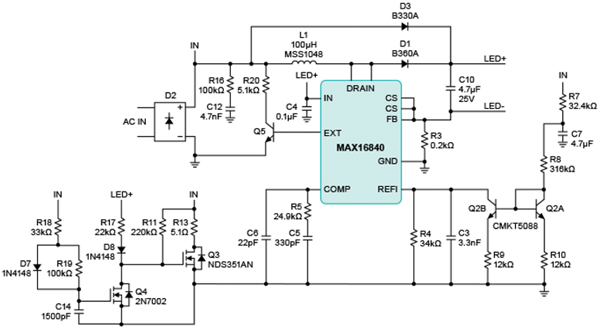 Schematic of MAX16840 HB LED driver in a boost configuration MAX16840 HB LED driver